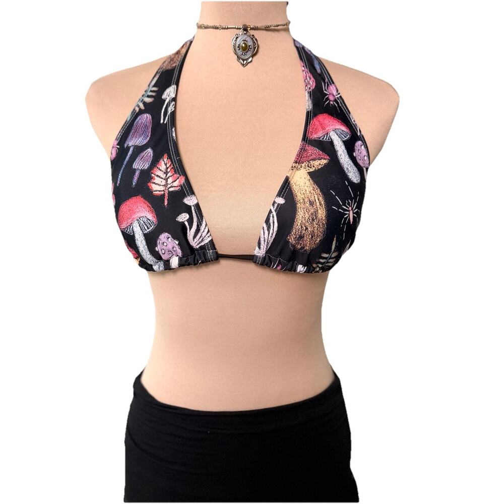 Retro Mushroom Print Bikini Top Festival Large Cottage Fairy Goth Whimsigoth